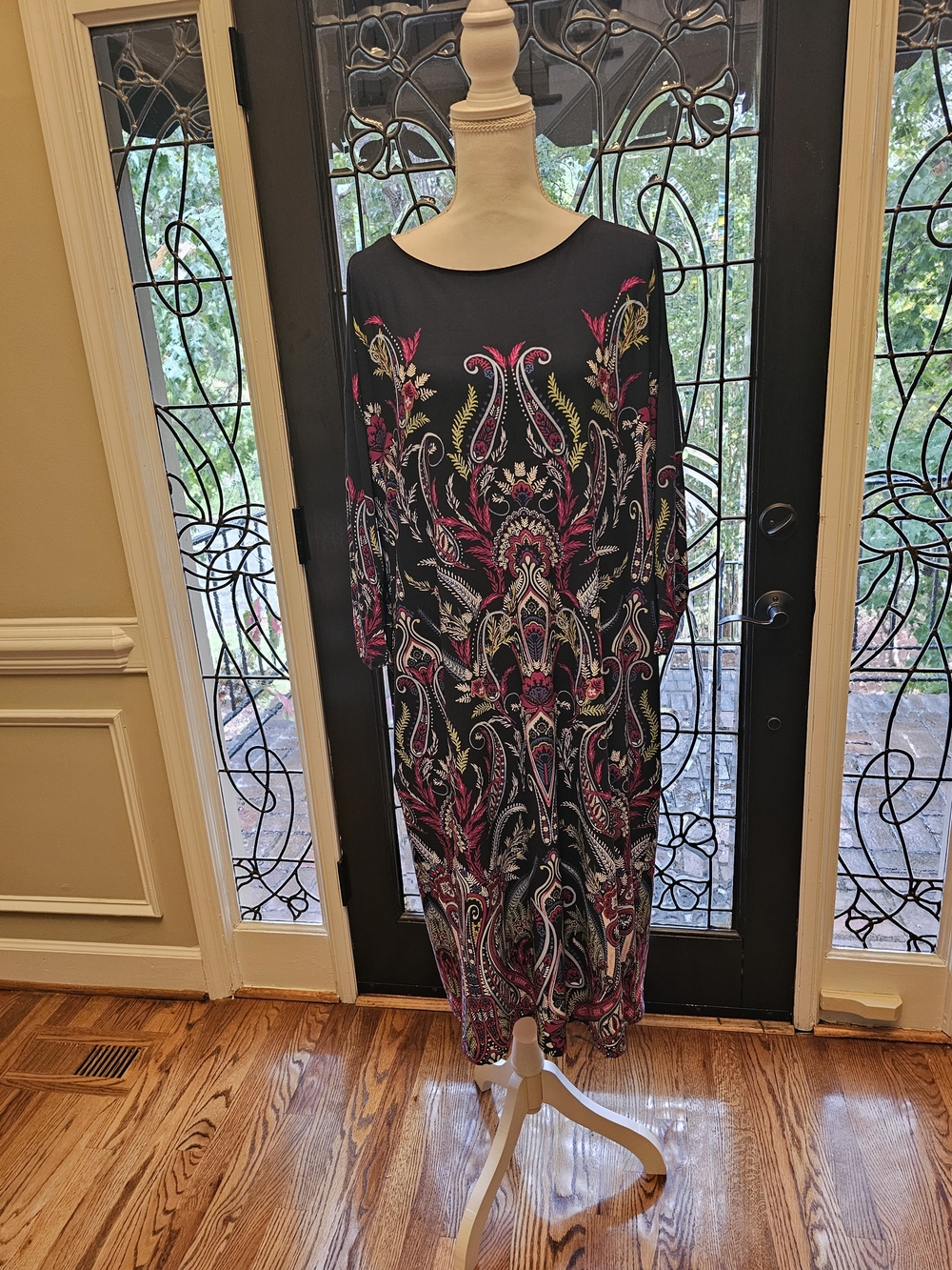 Chico's Black Maxi Dress with Pink and Cream Paisley Motif